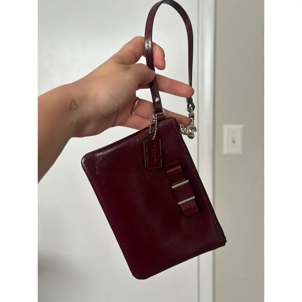 Coach Wristlet Patent Leather F52137 Maroon Burgundy Bow Small Handbag Sherry
